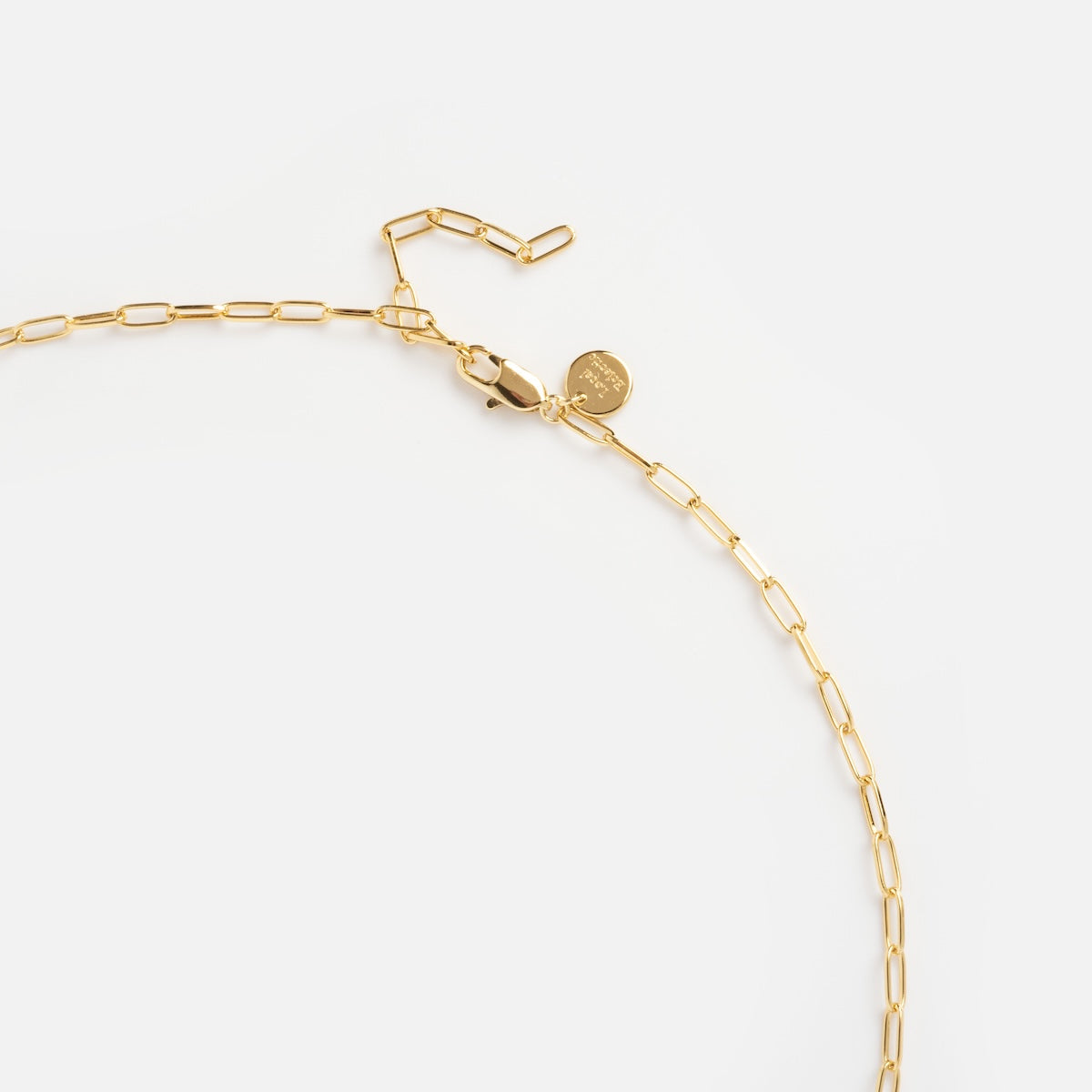 The Delicate Paperclip Chain is a 14k gold plated necklace with elongated links, a lobster clasp, and a small round charm near the closure. Perfect for layering, its shown against a plain white background.