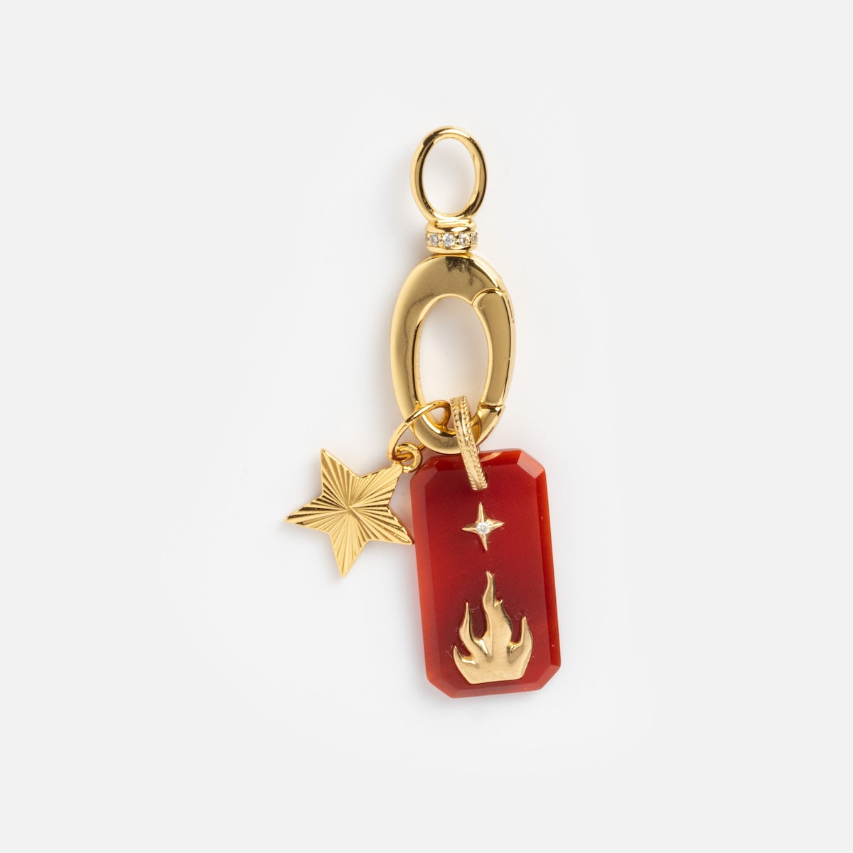 This gold vermeil charm features a red rectangular pendant with a gold flame and star, plus a small gold star, both on a gold loop—perfect as bracelet charms or for pairing with your Charm Clip.