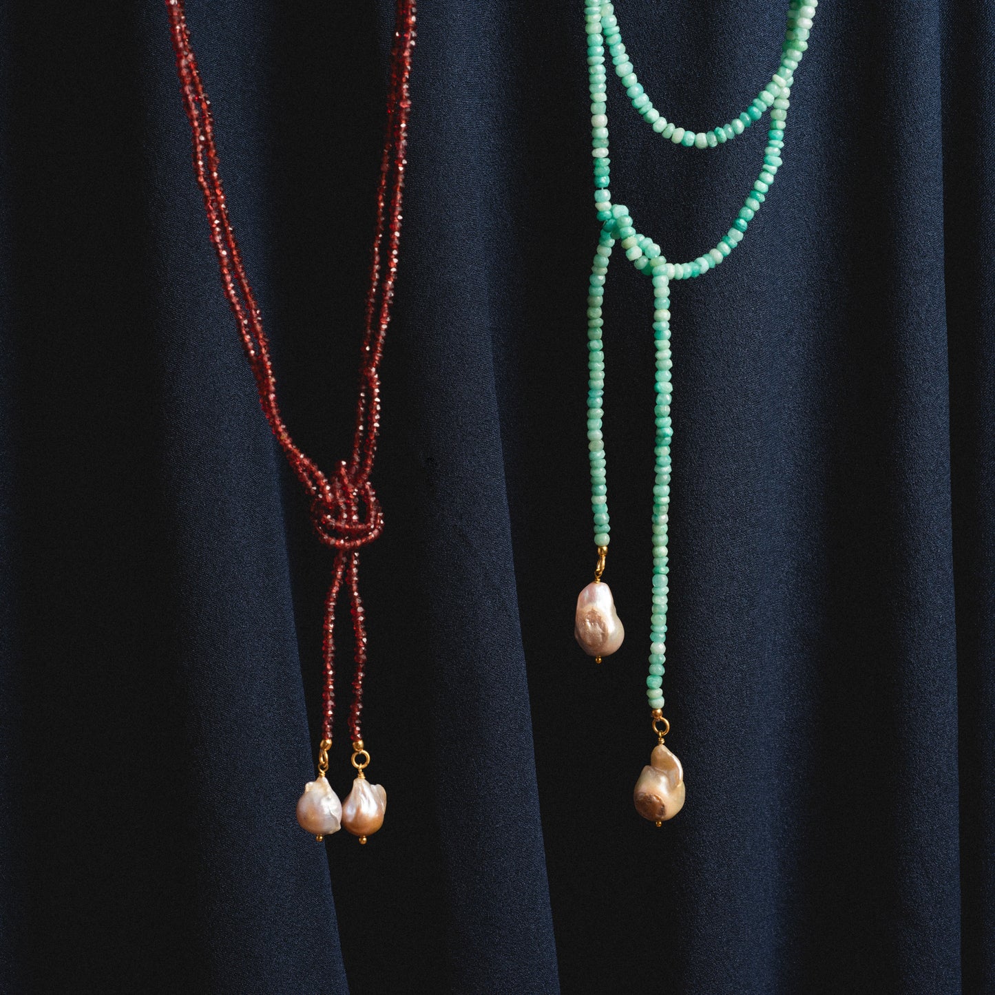 Beaded garnet and amazonite tie necklaces with pearls
