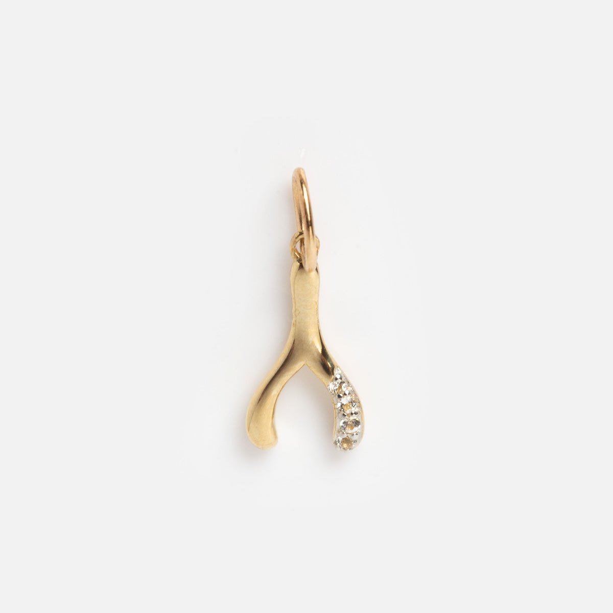 The Solid Gold Lucky Charm is a wishbone-shaped pendant featuring small clear gemstones on one side, suspended from a circular loop and displayed against a plain white background.