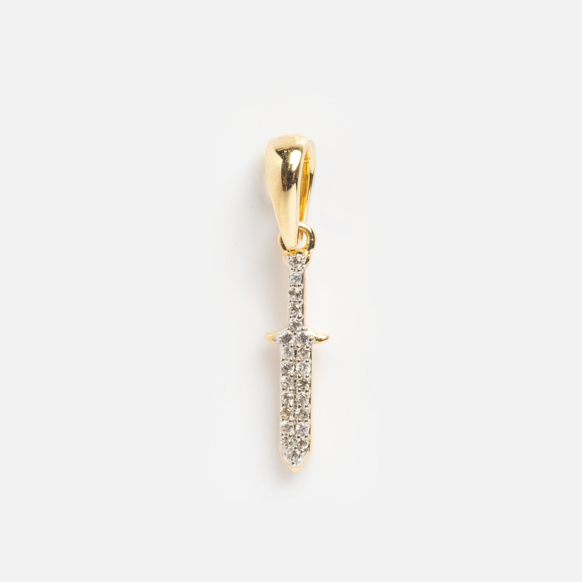 The Solid Gold Dagger Charm Sample features a sword-shaped design encrusted with small clear gemstones, photographed on a plain white background.