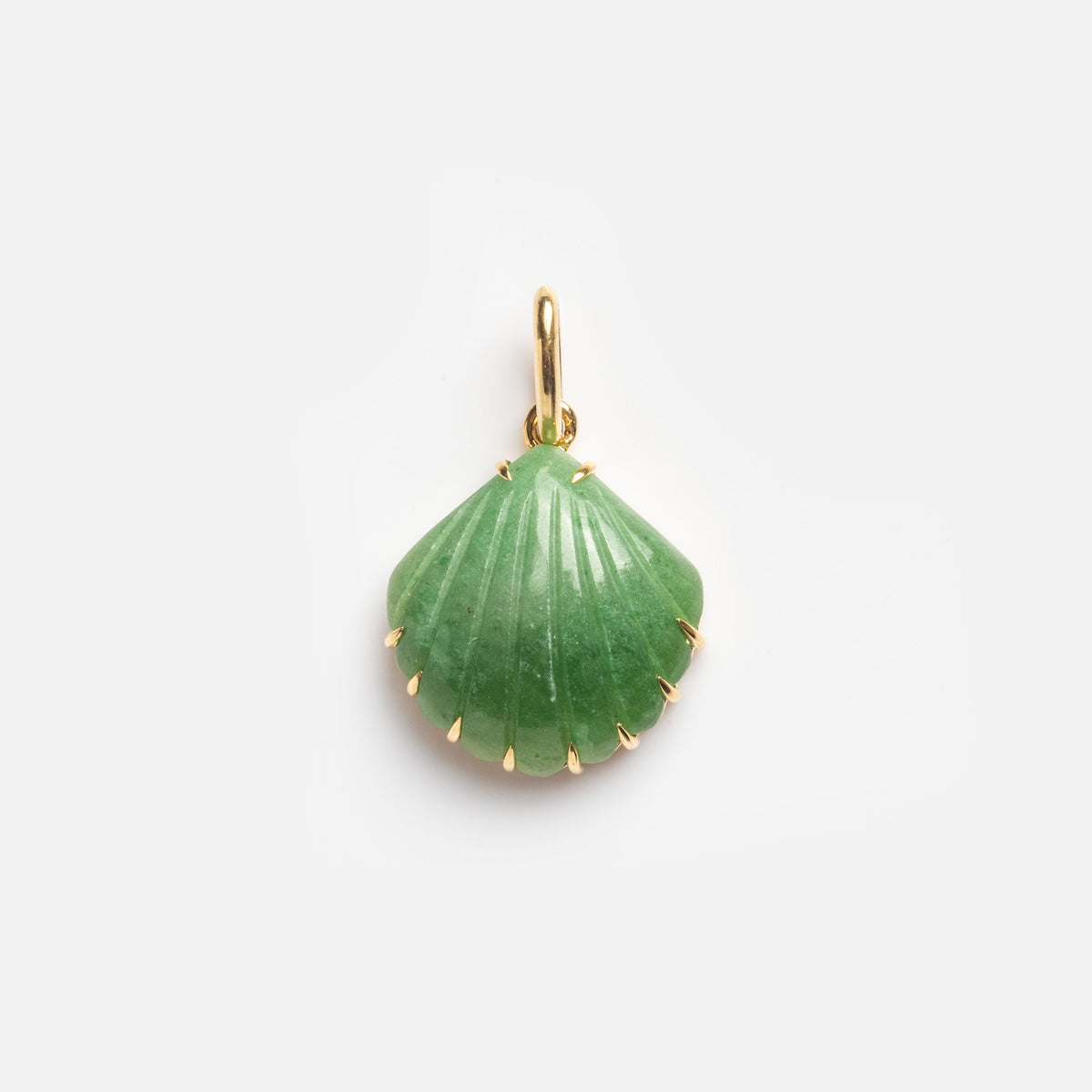 The Green Clam Shell Charm Sample features a green, shell-shaped pendant with gold edges and a gold loop for attaching to a chain, shown on a plain white background.