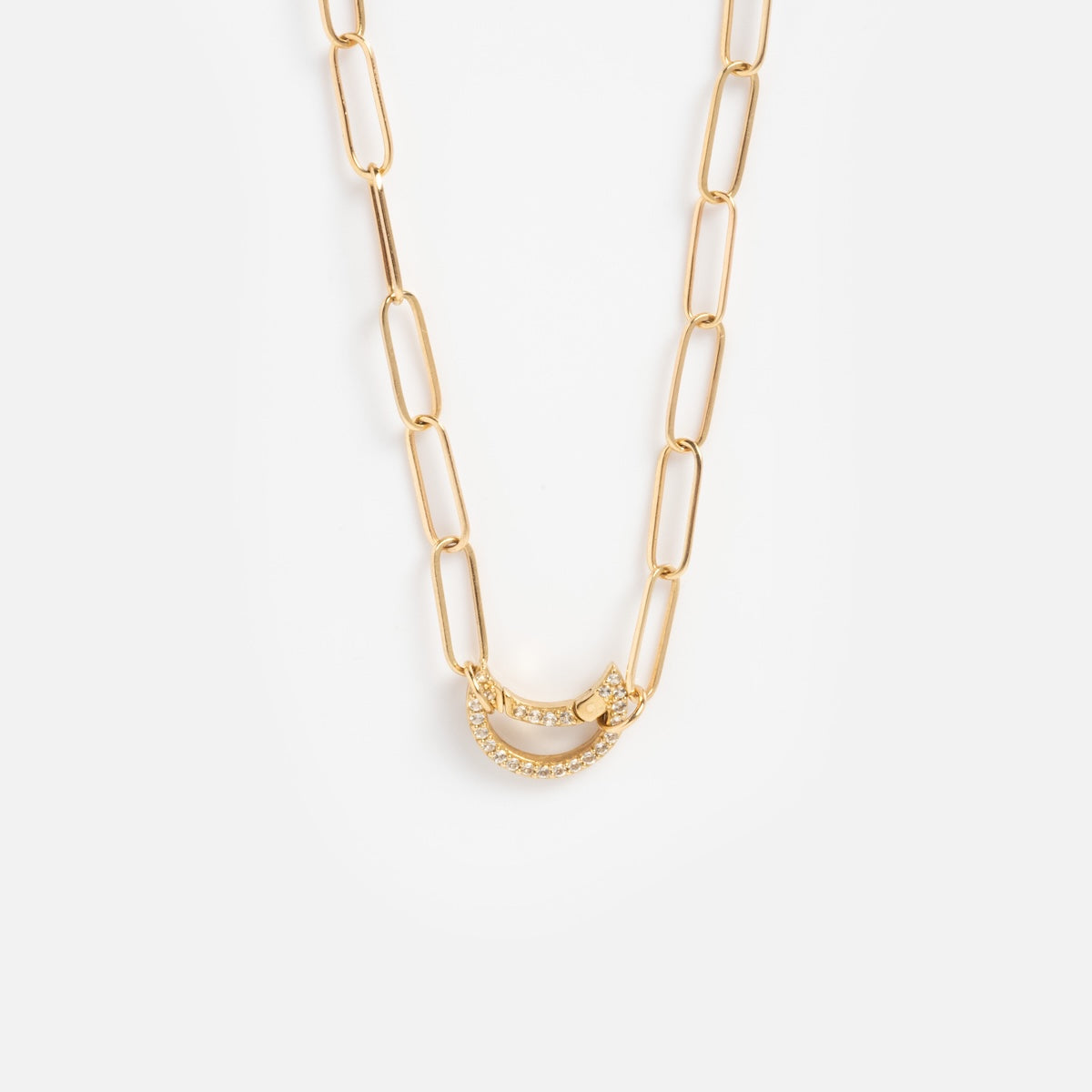 Solid Gold Perfect Start Charm Holder Necklace with large, elongated links and two crescent-shaped pendants—one plain, one adorned with sparkling stones—displayed on a white background.
