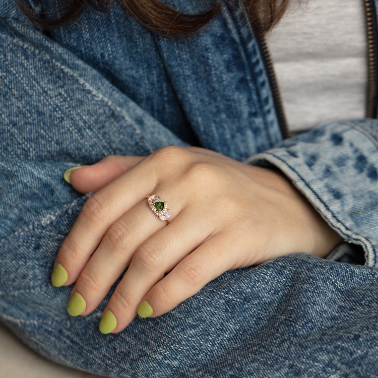 Rose Gold Green Topaz Moonstone and Diamond Love Ring