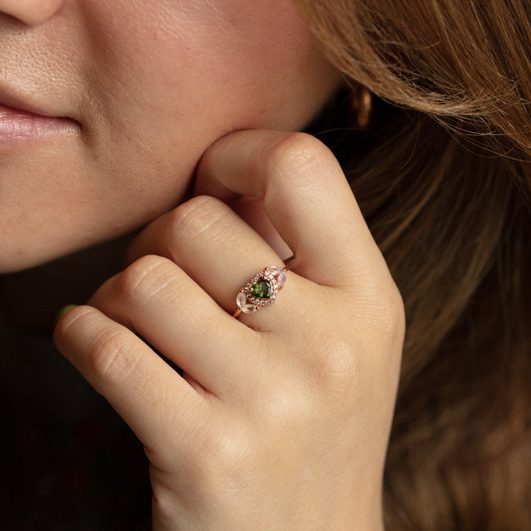 Rose Gold Green Topaz Moonstone and Diamond Love Ring