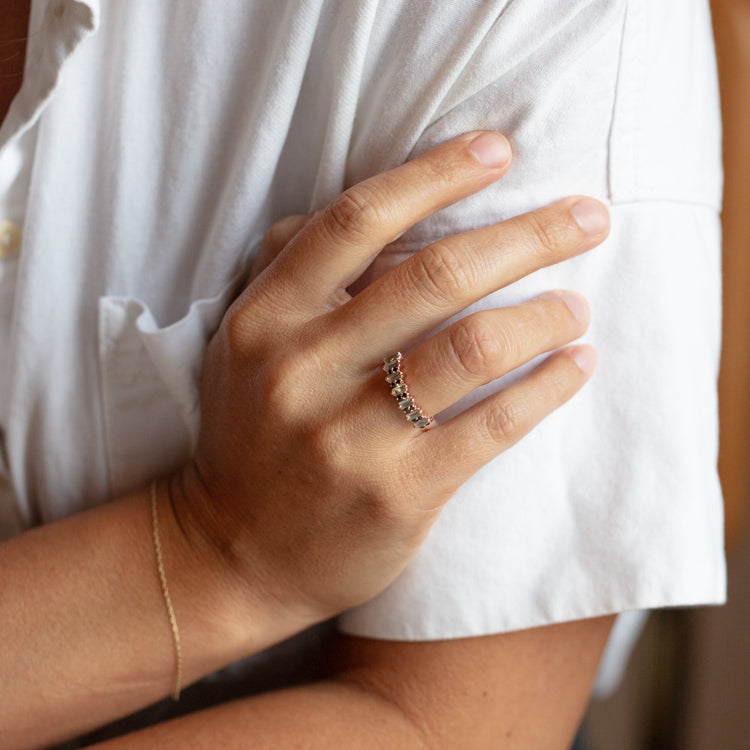 Limited Edition 10th Birthday Rose Gold Canary Ring in Labradorite and Black Spinel