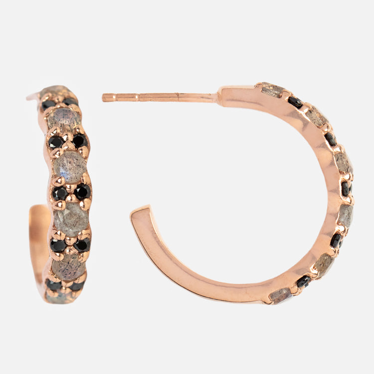 Rose Gold Labradorite and Black Spinel Late Night Huggies