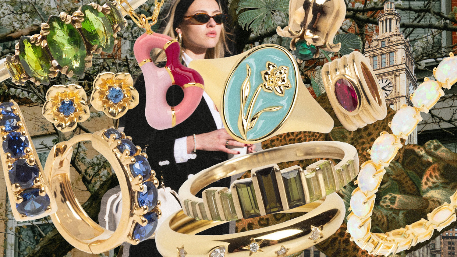 Woman holding a colorful jewelry box with various gemstone-encrusted jewelry pieces displayed around her.