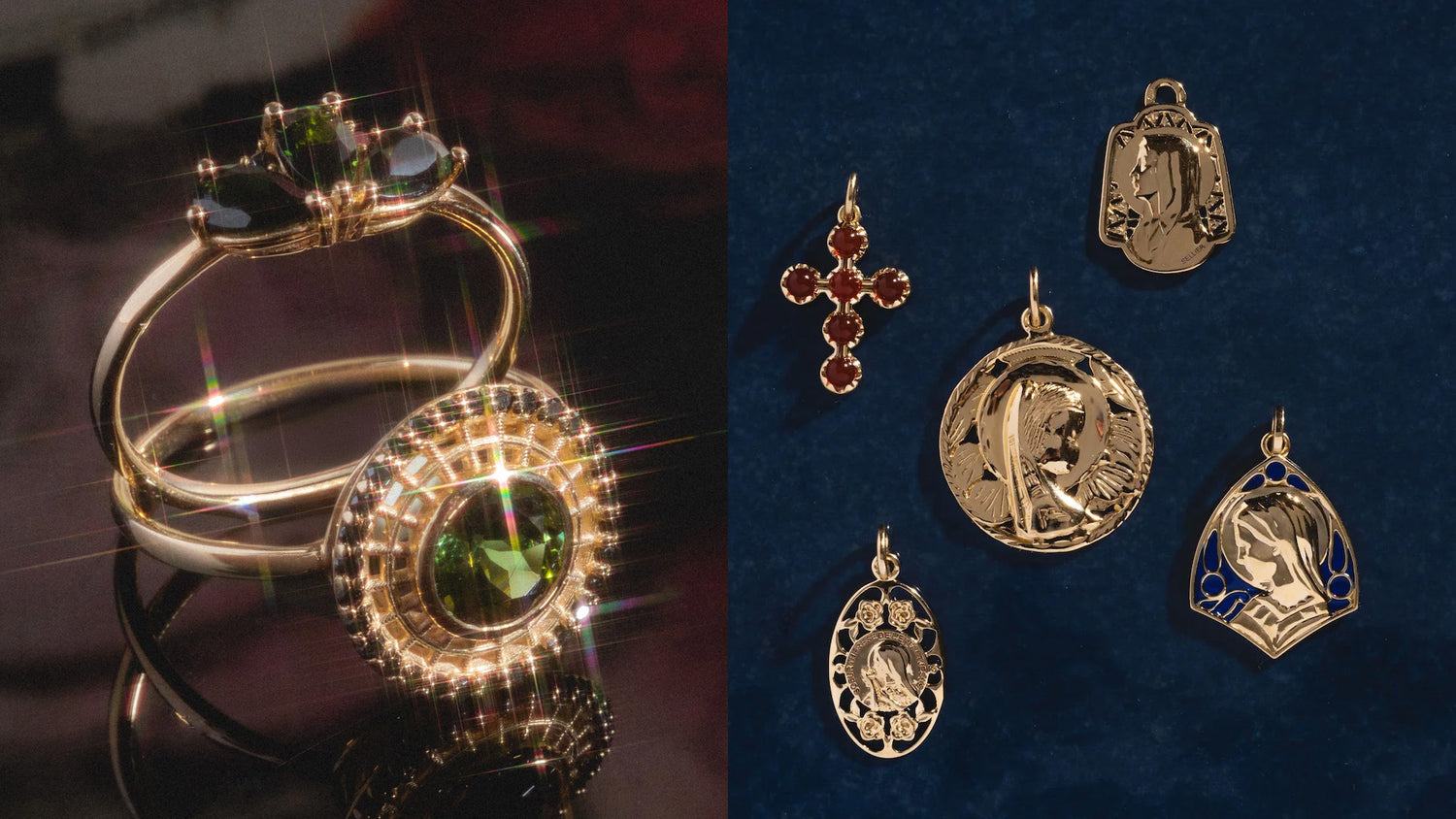Two gold rings sitting on a a black surface and five gold vintage inspired charms laying on a dark blue background