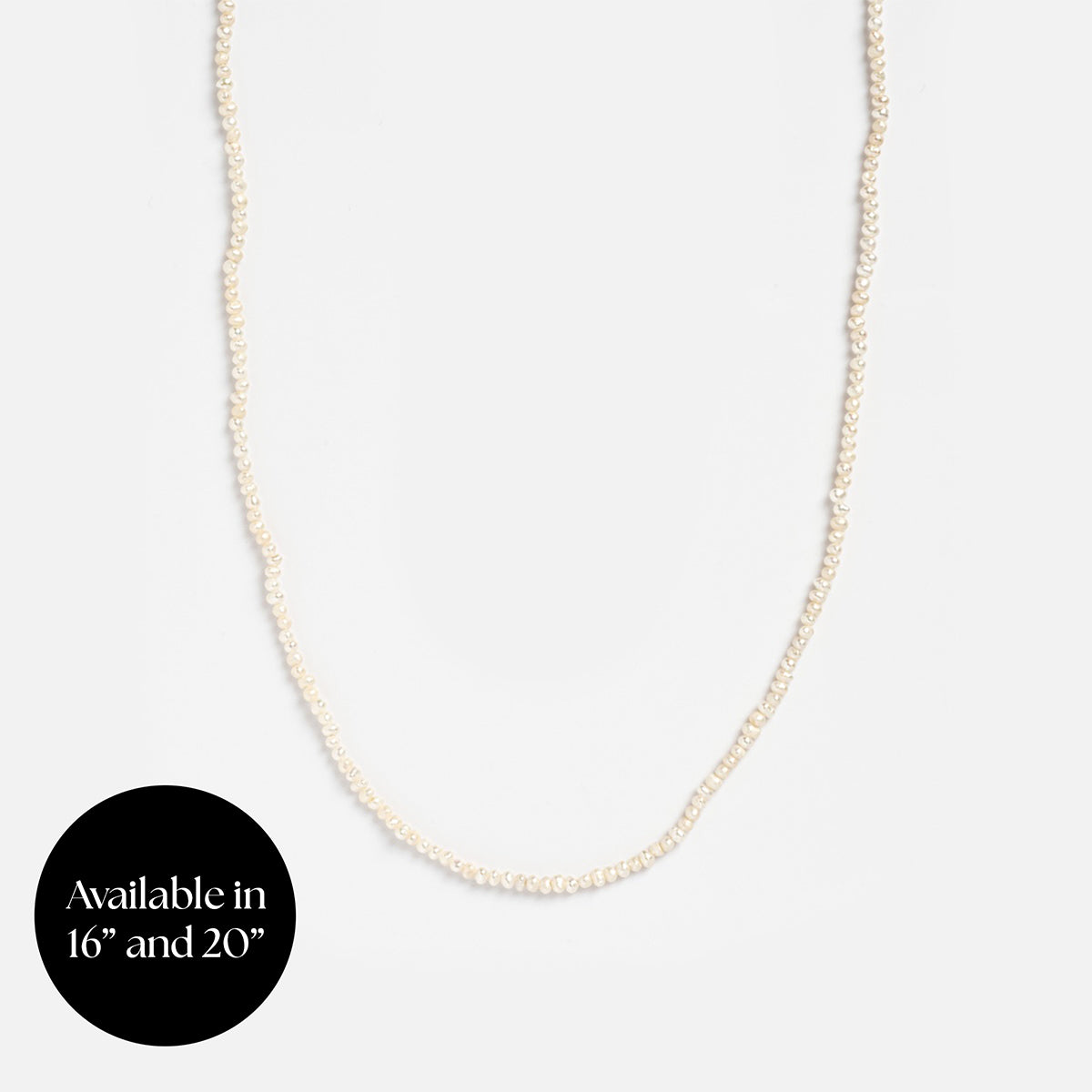 The Chain For Charms features tiny white beads on a subtle vermeil chain, showcased against a light background. A black circle in the lower left states: Available in 16” and 20”.