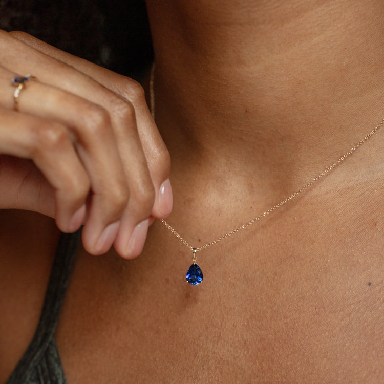 Solid Gold September Capsule Blue Sapphire Pear Pendant Necklace