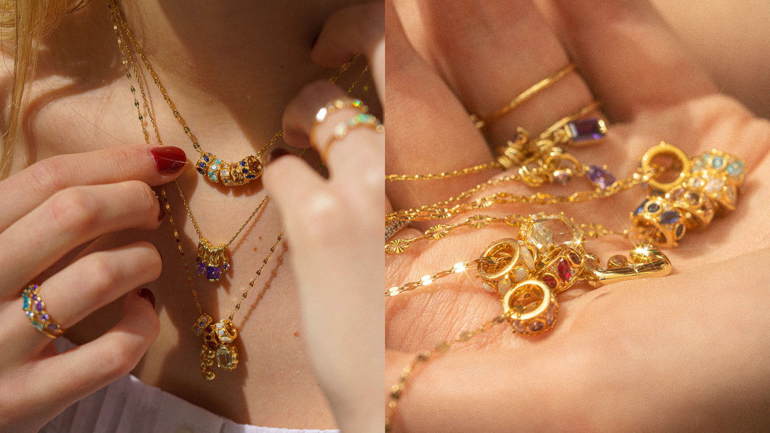 Close up of a woman wearing a gold colorful necklace stack next to an image of a woman holding several gold necklaces in her hand