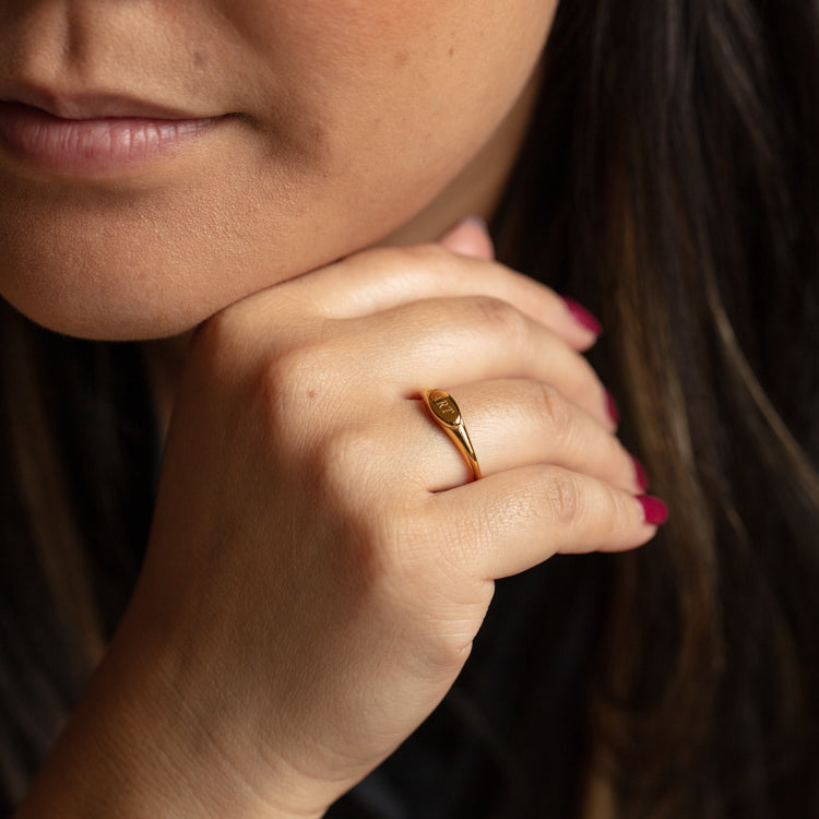 A close-up of a person with long dark hair, pink-painted nails, and lips visible, resting their chin on their hand while wearing the ART Signet Ring—a perfect shot for art lovers.