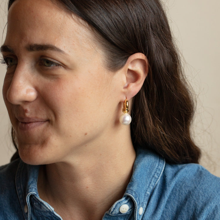 Chunky Pearl Drop Huggie Hoop Earrings