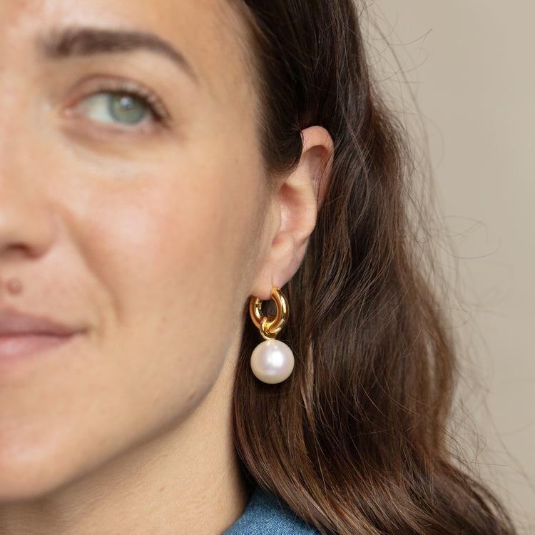 Chunky Pearl Drop Huggie Hoop Earrings