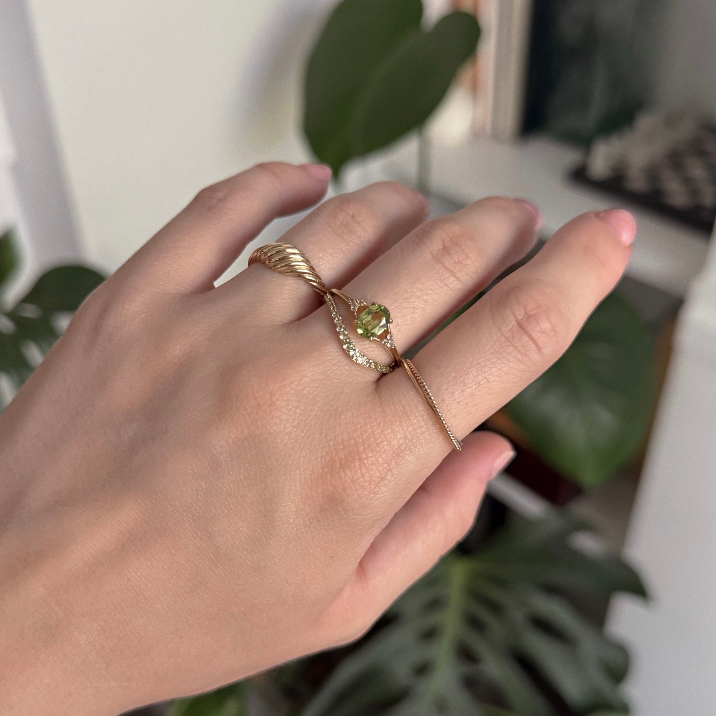 Statement and stacking ring worn in a ring stack