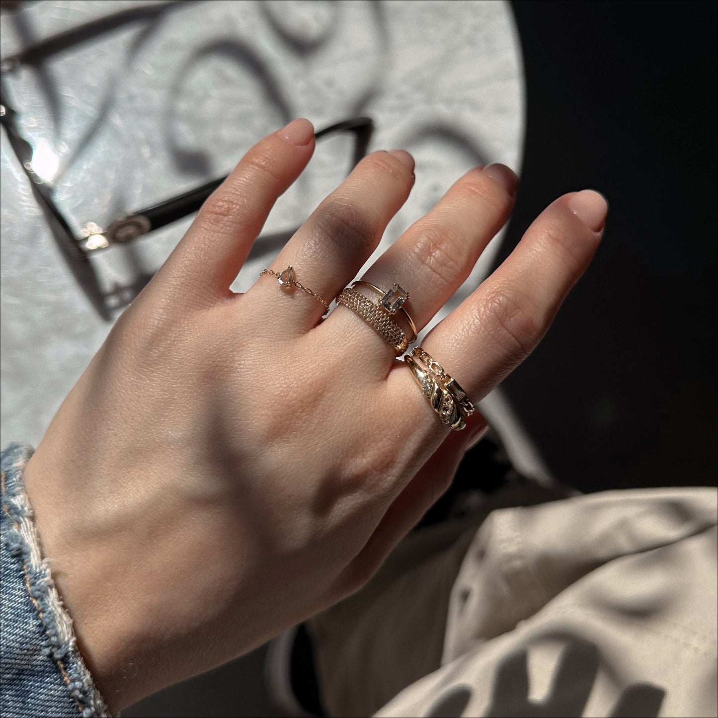 Solid Gold Chain Link White Topaz Baguette Ring