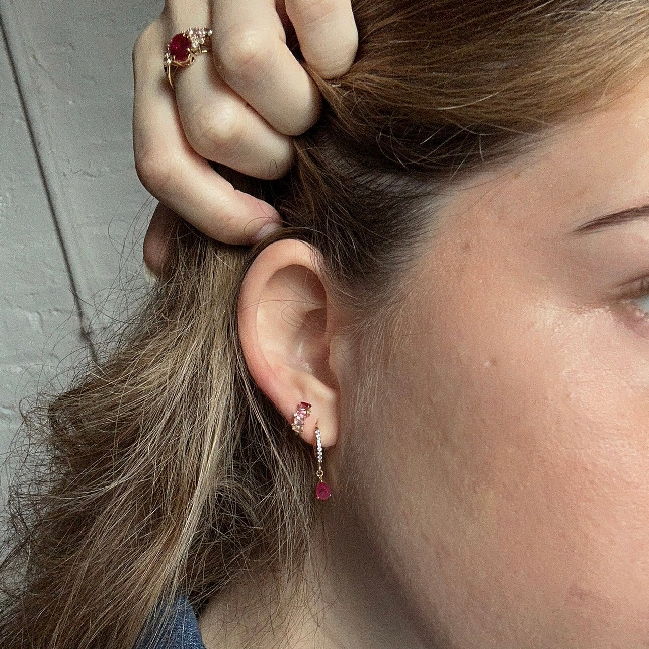 Solid Gold July Capsule Ruby Charm Huggie Hoops