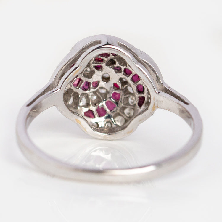 Vintage 18k White Gold Ruby and Diamond Cluster Ring Size 7