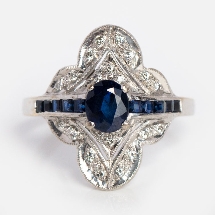Vintage 18k Sapphire and Diamond Cluster Ring Size 6.5