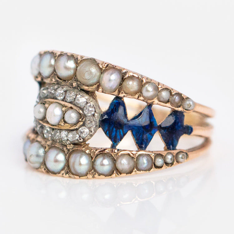 Vintage 18k Early 19th Century Diamond Pearl and Enamel Ring Size 6