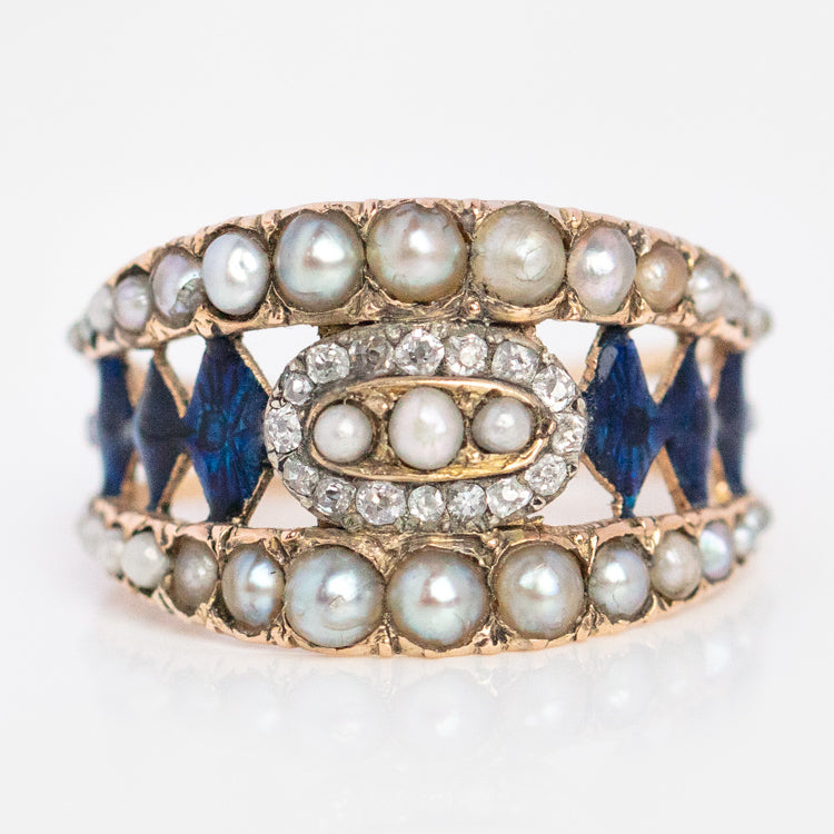 Vintage 18k Early 19th Century Diamond Pearl and Enamel Ring Size 6