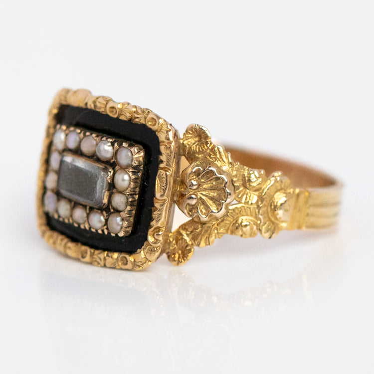 Vintage 18k Georgian Pearl and Enamel Mourning Ring Size 7