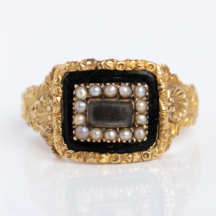 Vintage 18k Georgian Pearl and Enamel Mourning Ring Size 7