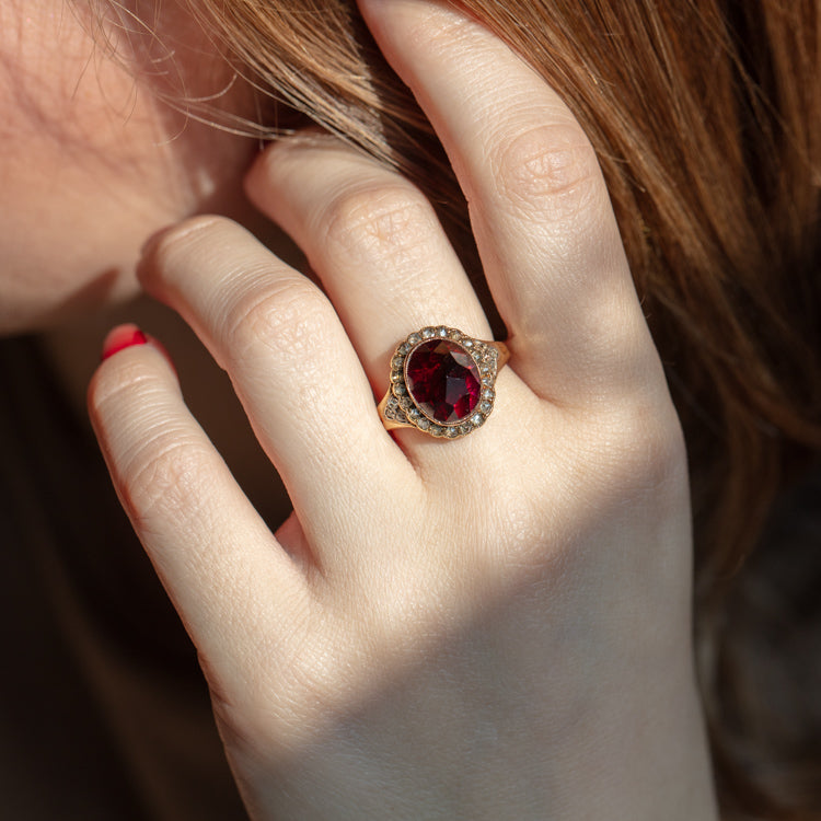 Vintage 14k Garnet and Diamond Cluster Ring Size 6
