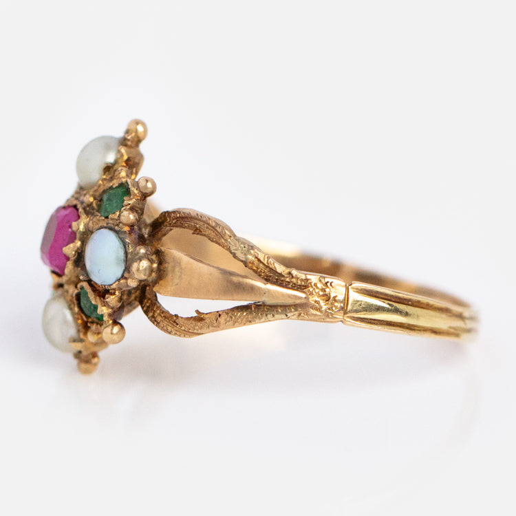 Vintage 18k Victorian Ruby Emerald and Pearl Cluster Ring Size 7.25
