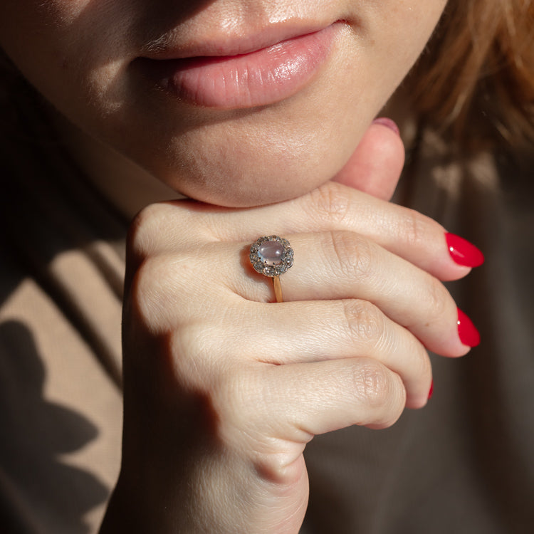 Vintage 18k Early 20th Century Moonstone and Diamond Cluster Ring Size 6.75
