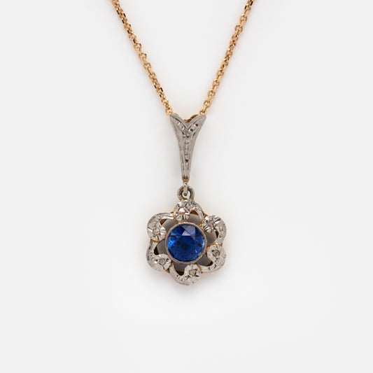 Vintage 14k White Gold Blue Gemstone Flower Pendant Necklace