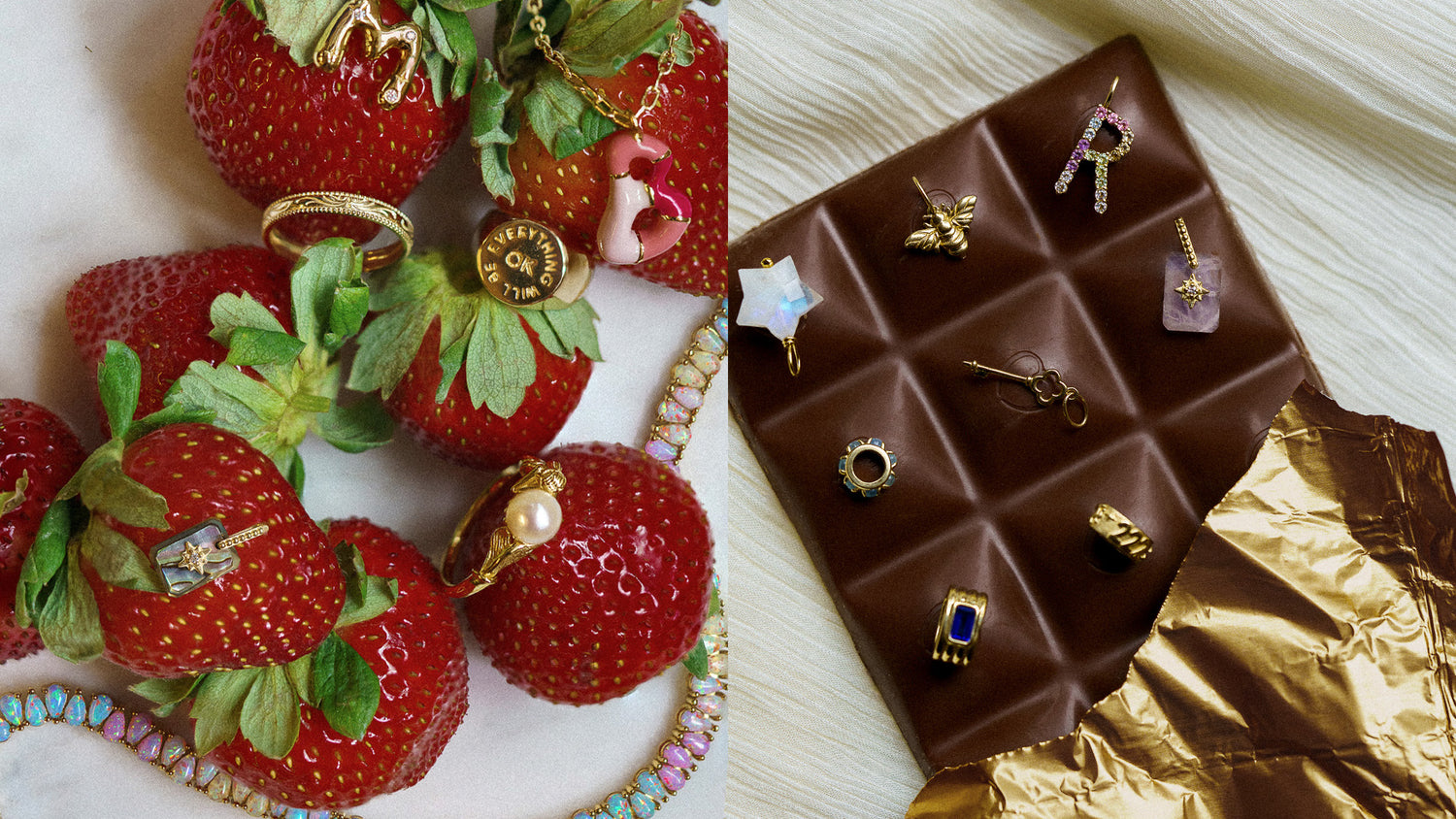 Jewelry displayed on strawberries and a chocolate bar
