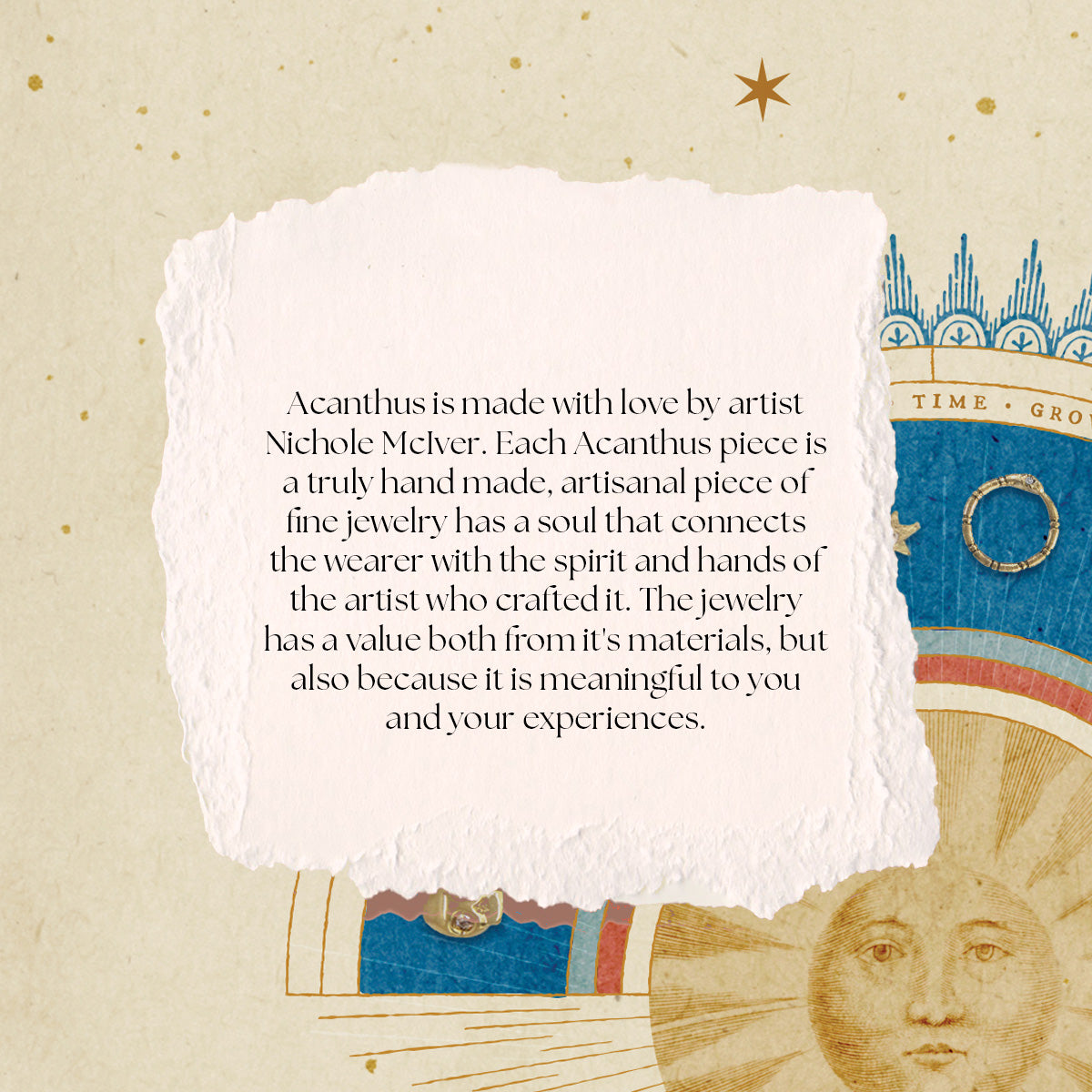 A torn paper note about Acanthus jewelry overlays a vintage celestial illustration with a sun face, blue starbursts, and gold accents—perfect inspiration for the Mixed Metal Double Hand Charm Holder Necklace.