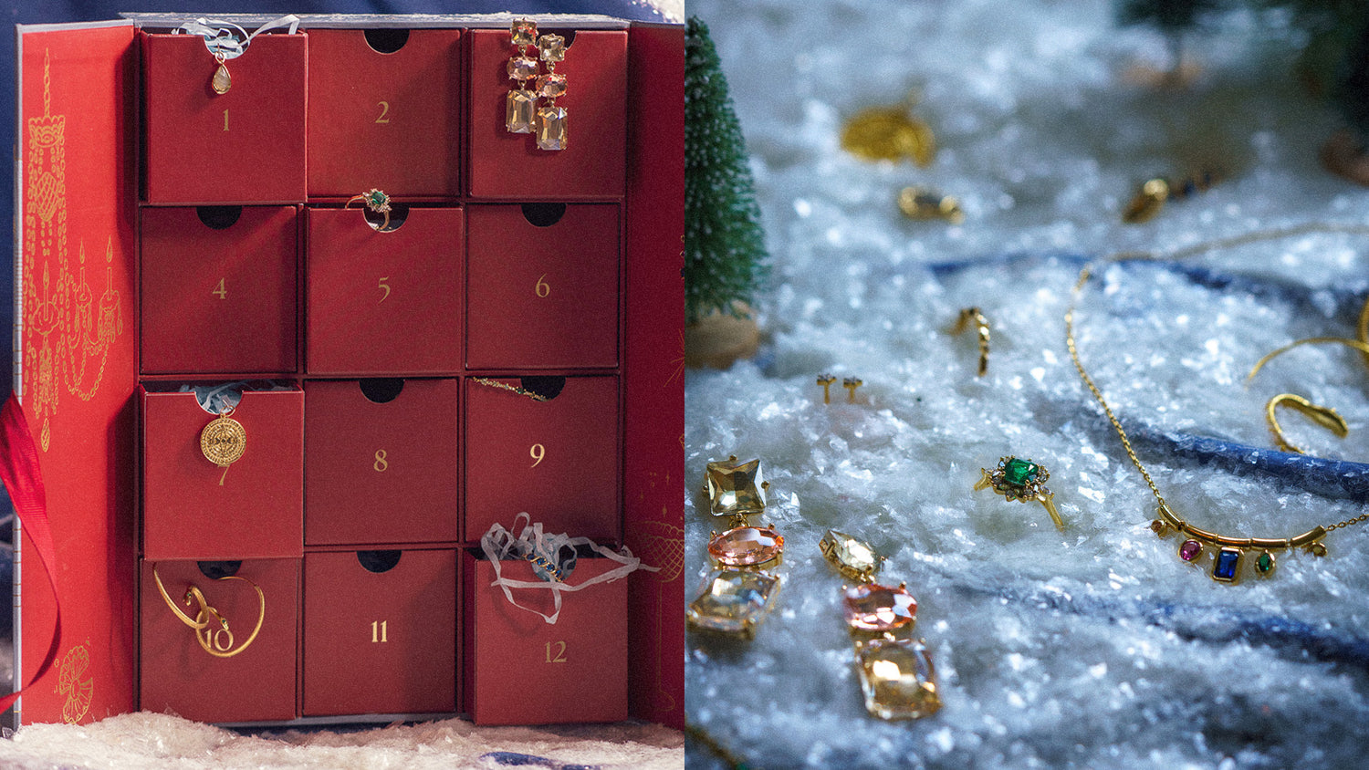 Red advent calendar with numbered drawers and a close-up of gold jewelry on a snowy background.