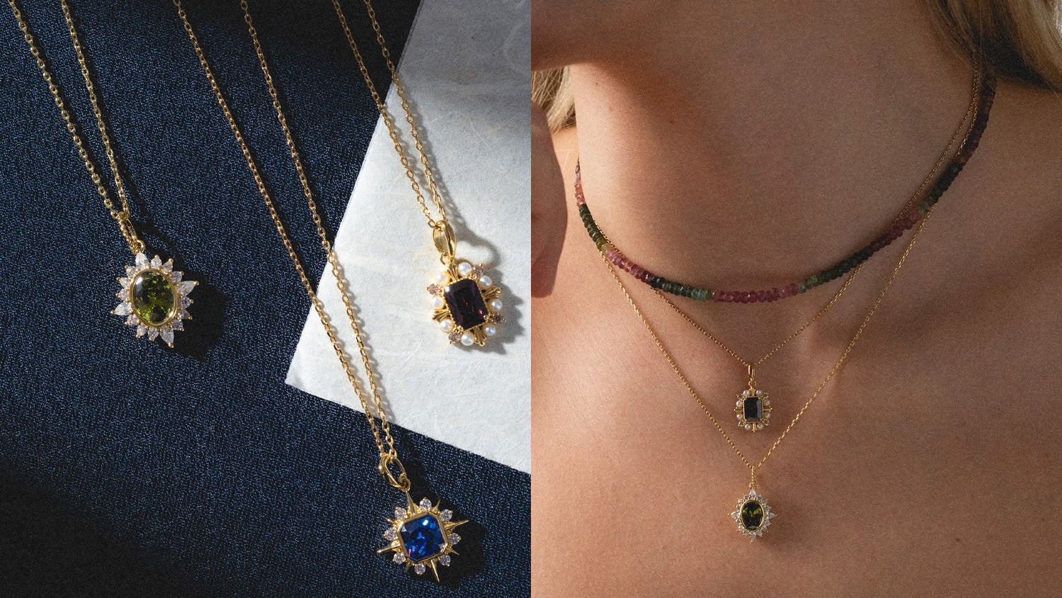 Gold necklaces with gemstone pendants on a dark blue and white background, with a close-up of a necklace on a person's neck.