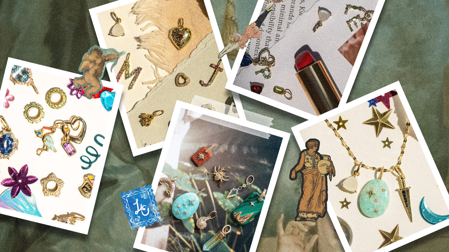 Collection of various jewelry designs on paper cards with a textured green background.