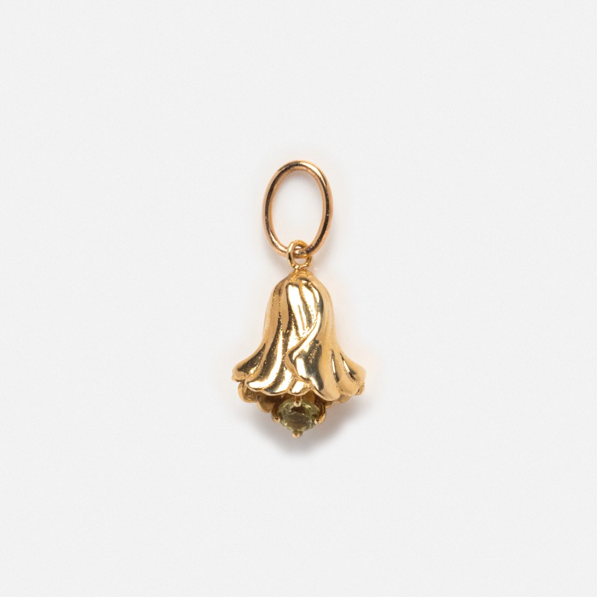 The Solid Gold Birth Flower Bud Charm features a delicate bellflower design with detailed petals and a circular loop for attaching to a chain, shown against a plain white background.