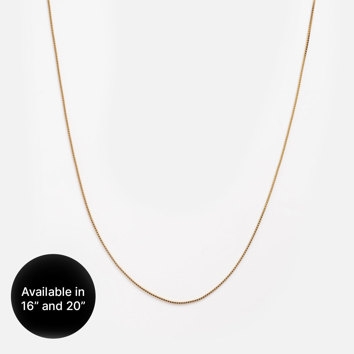 A Solid Gold Chain for Charms is displayed on a plain white background. A black circular label in the lower left corner says: Available in 16 and 20.