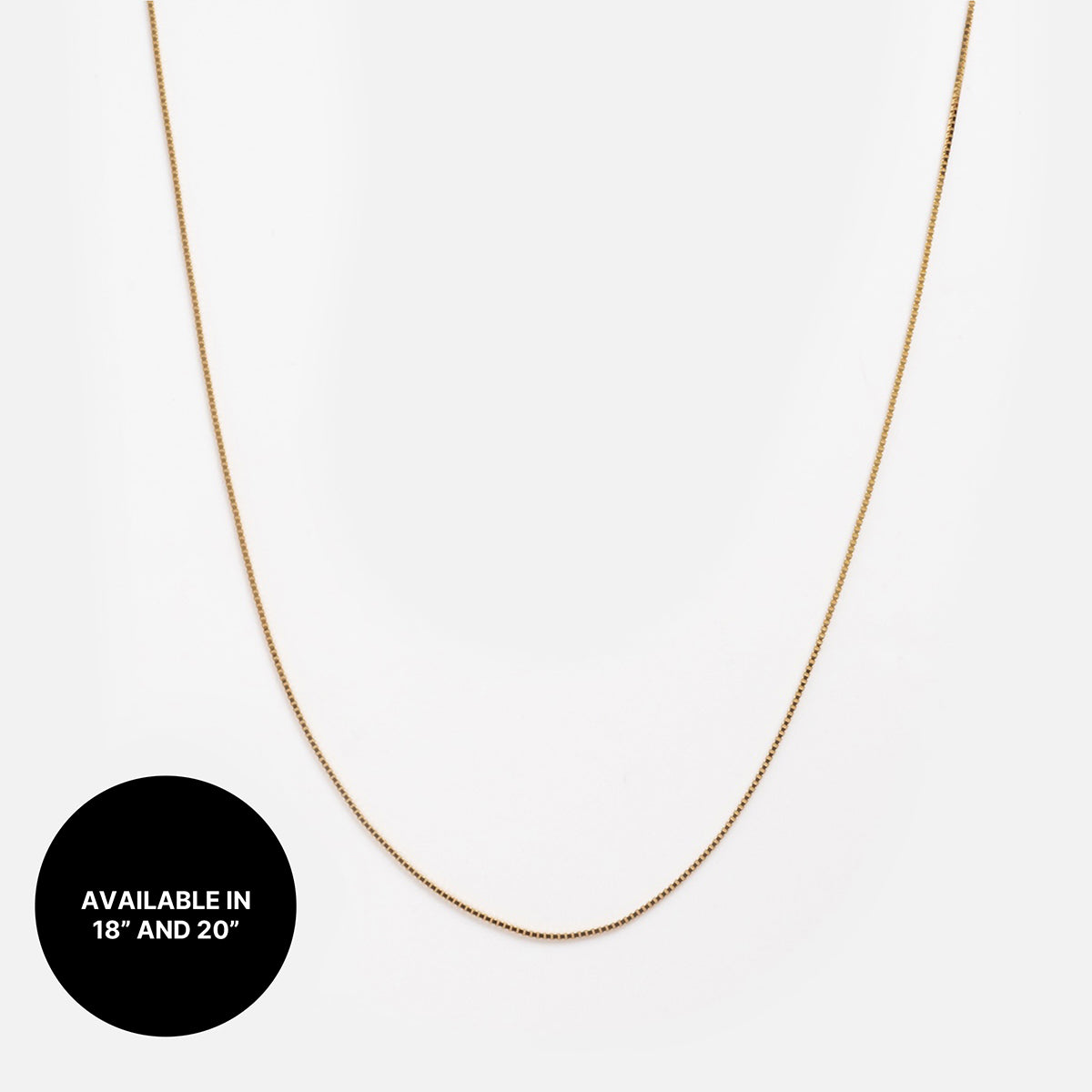 The Solid Gold Chain for Charms is showcased against a white background. A black circular label in the lower left states: Available in 18 and 20.