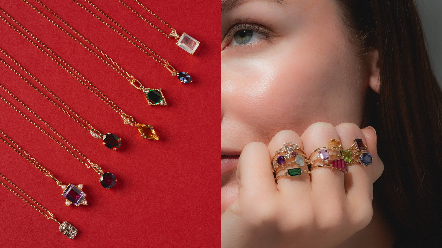 Two side by side images, once of gold gemstone necklaces laying on a bright red background, one close up of a woman wearing several gold gemstone rings on a hand