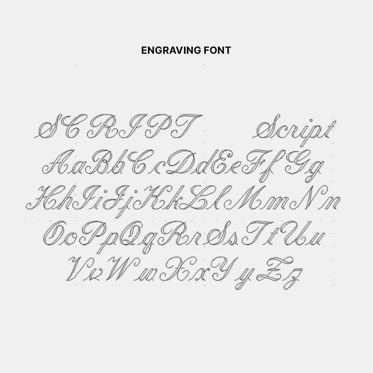 Sample of script uppercase and lowercase letters A-Z in a delicate cursive style on light background—ideal for designing your own 14k Written in the Stars Customizable Name Charm or personalized jewelry.