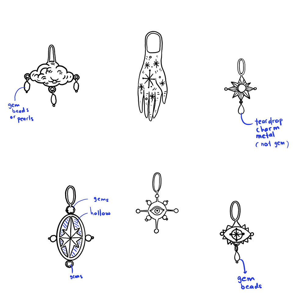 Charm sketches by the designer with labels on a white background
