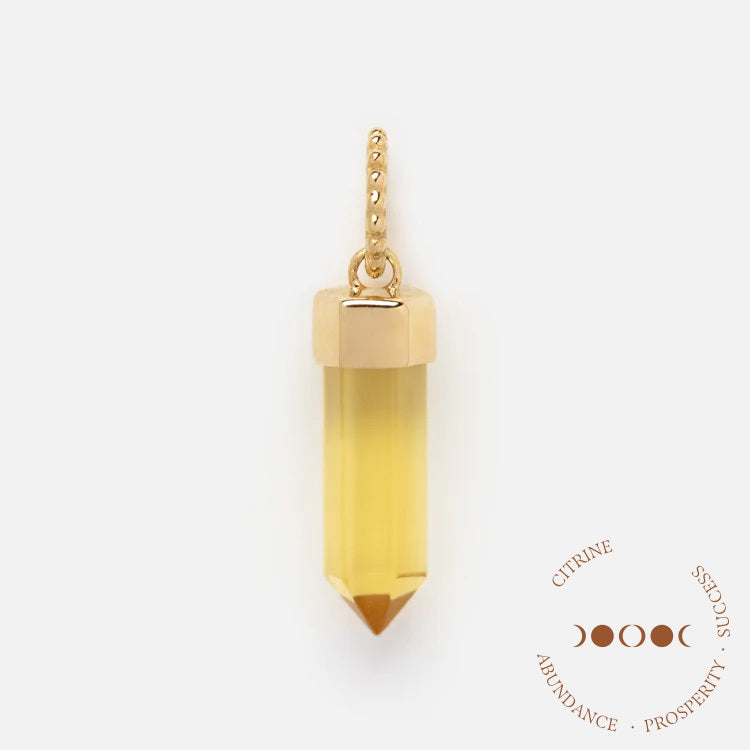 The Solid Gold Crystal Charm for Manifestation features a gold-capped citrine pendant on a delicate gold bail. At the bottom right, circular text reads CITRINE • ABUNDANCE • PROSPERITY • SUCCESS with three crescent moon icons.