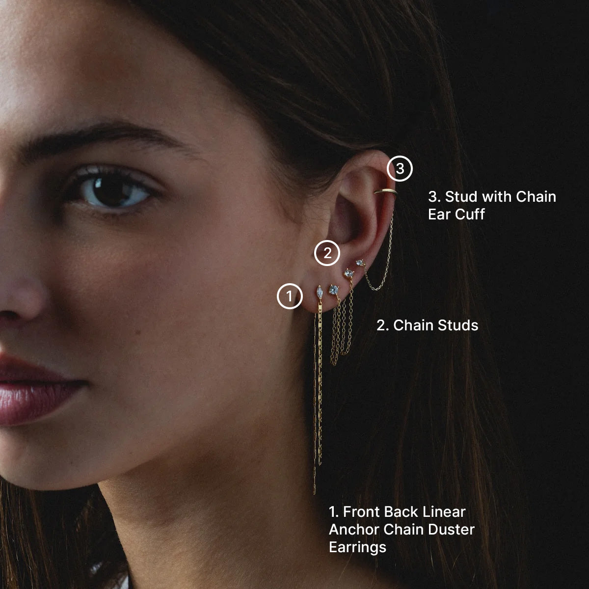 Close-up of a woman’s ear wearing multiple earrings, including a Stud with Chain Ear Cuff. Each earring, such as the gold ear cuff, is labeled with white text and numbered 1 to 3.