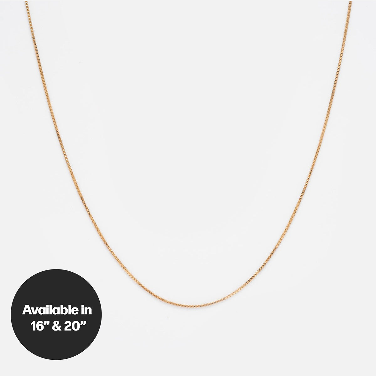 A Solid Gold Chain for Charms is shown on a white background, with a black circle in the corner stating Available in 16 & 20.