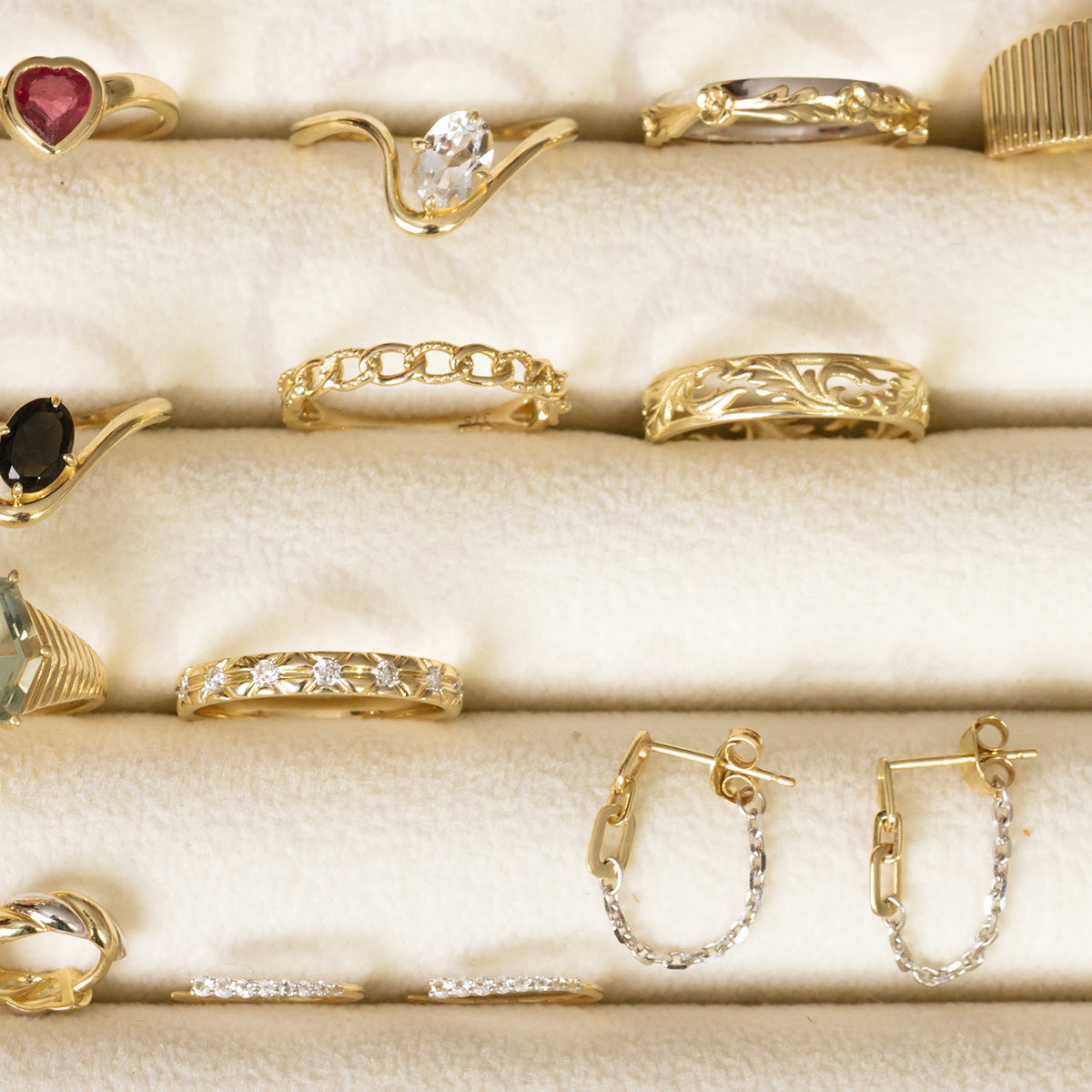 Solid Gold Mixed Metal Chain Dangle Huggies