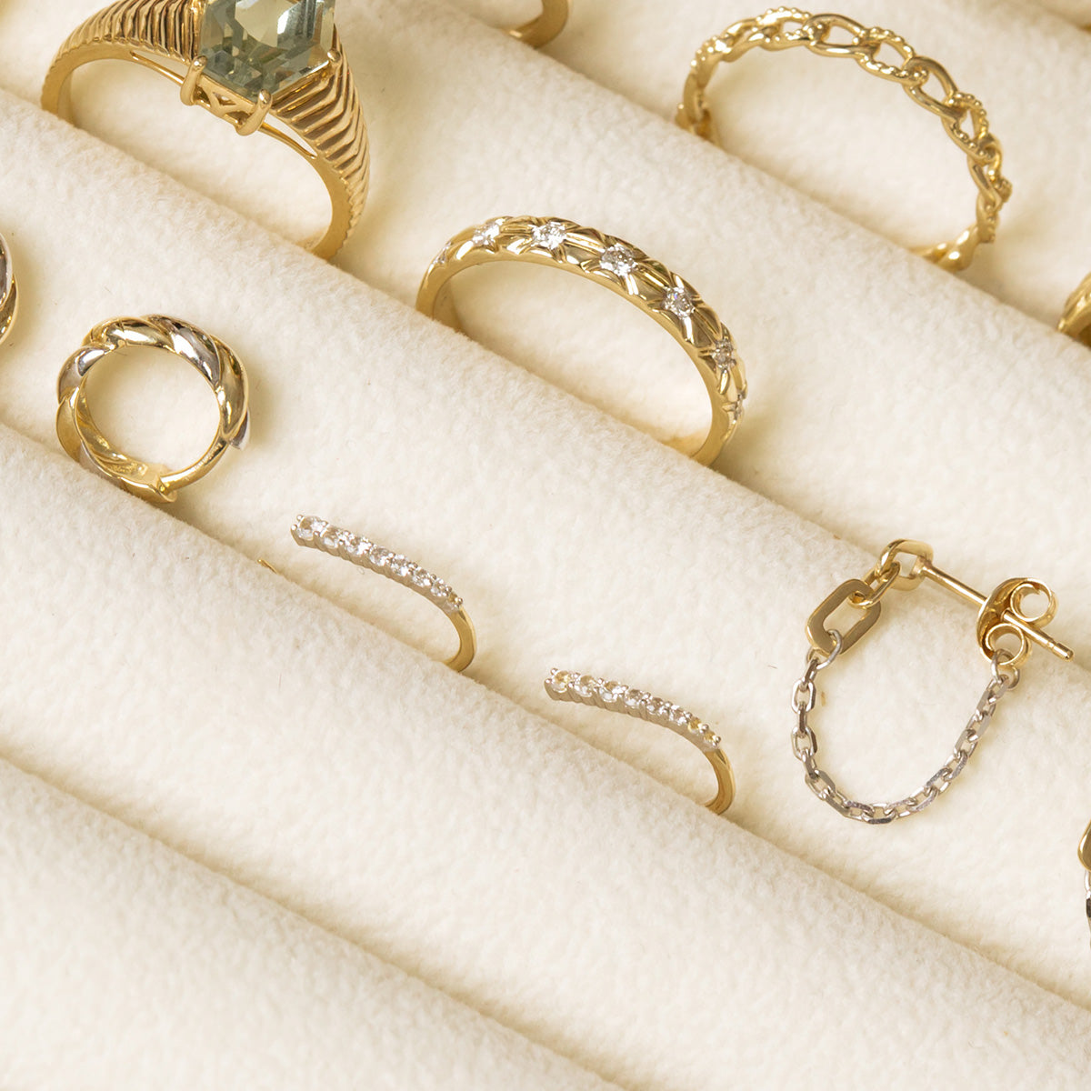 Solid Gold Mixed Metal White Topaz Open Ear Huggers