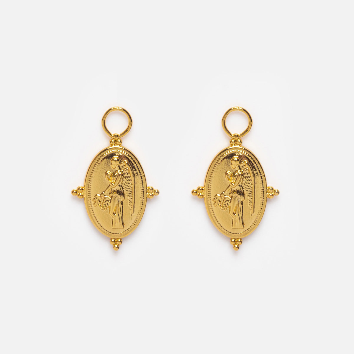 Earring Charms: Oval 14k yellow gold plated pendants with a raised angel holding a bouquet, beaded details, and top loops for easy attachment—perfect as unique, elegant earring charms.