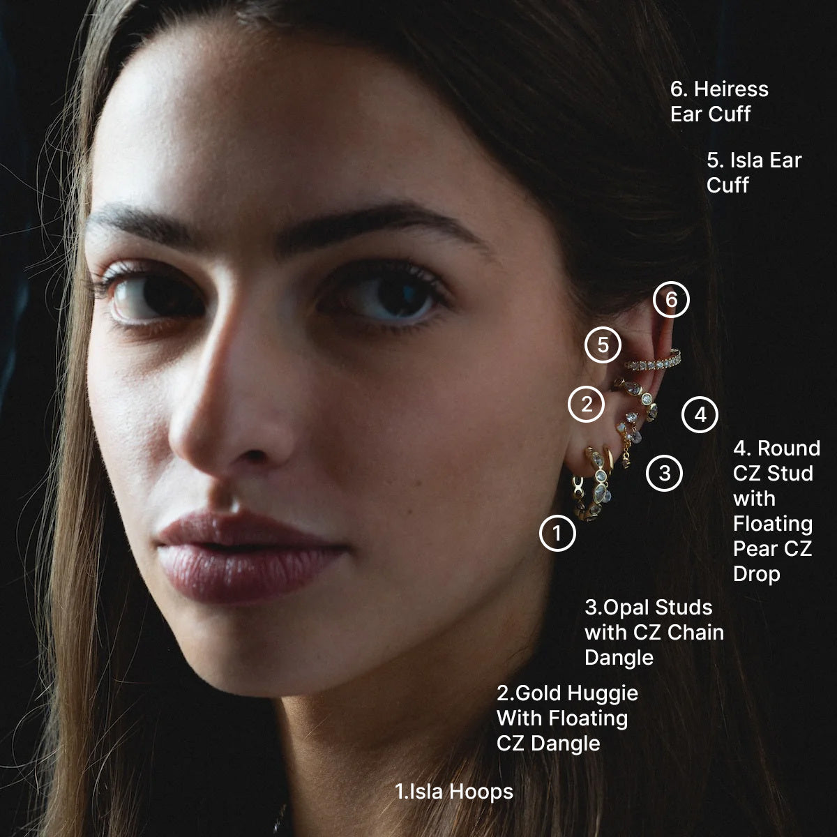 A woman with long dark hair wears multiple 18k yellow gold and simulated diamond earrings, including Isla Hoops and other styles like huggies, studs, dangles, and ear cuffs. Each earring is numbered and labeled by style on the right.